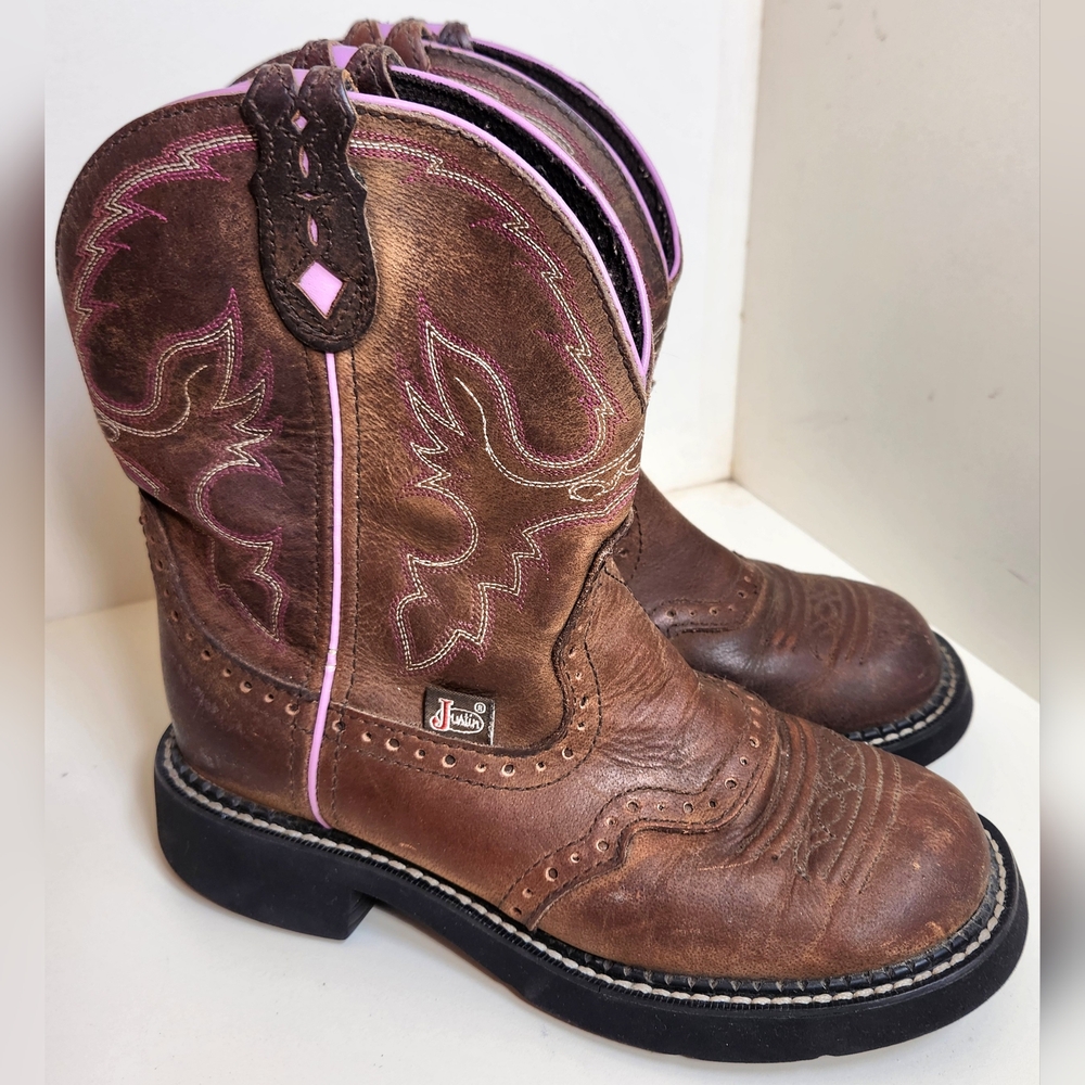 Justin Gypsy Western Cowgirl Brown Pink Leather Boots L9903 Size US 6 1/2 B